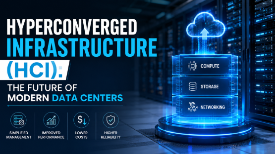 A modern data center background with text explaining how Hyperconverged Infrastructure integrates compute, storage, and networking