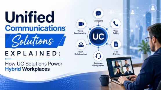 A professional using a laptop for video conferencing, highlighting Unified Communications solutions in a hybrid workplace.